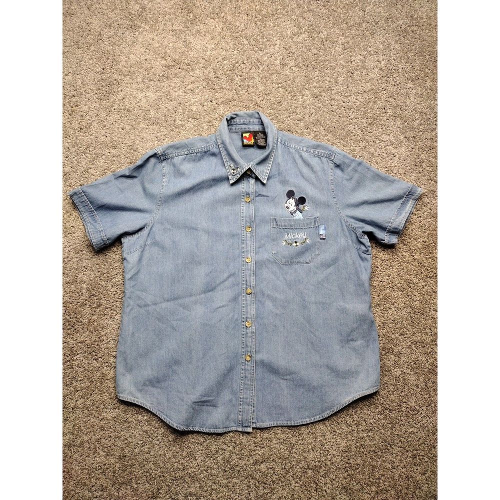 Vintage Disney Women's Bashful Mickey Short Sleeve Denim Button Up Shirt X Large
